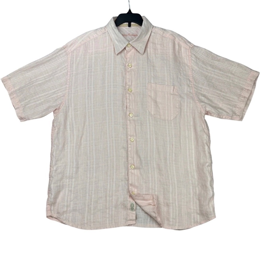 Tommy‎ Bahama Men's Size L Light Pink Stripe Linen Shirt Short Sleeve Button Up